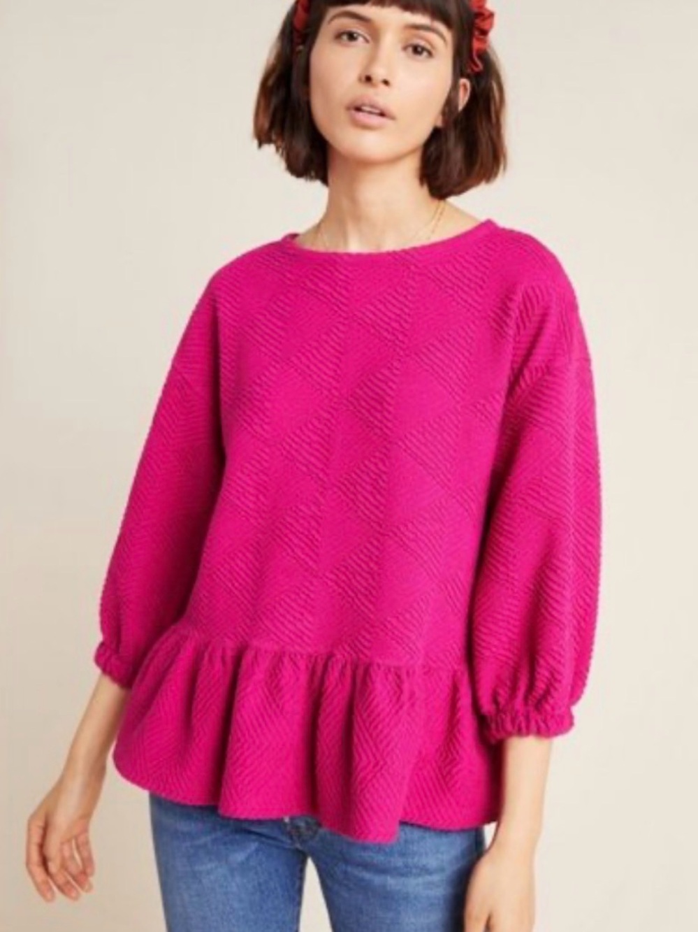 Maeve Mikayla textured peplum top from Anthropologie raspberry